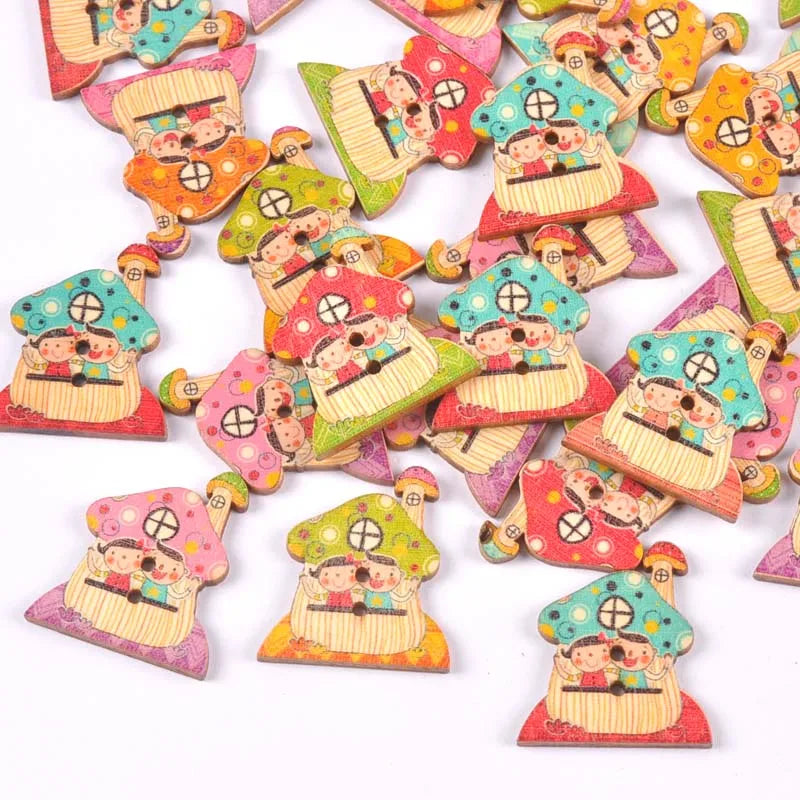 Vintage Cartoon Painted Wooden Buttons 2-Hole | 15 Colors, 15–35mm Wooden Sewing Buttons Qme 14