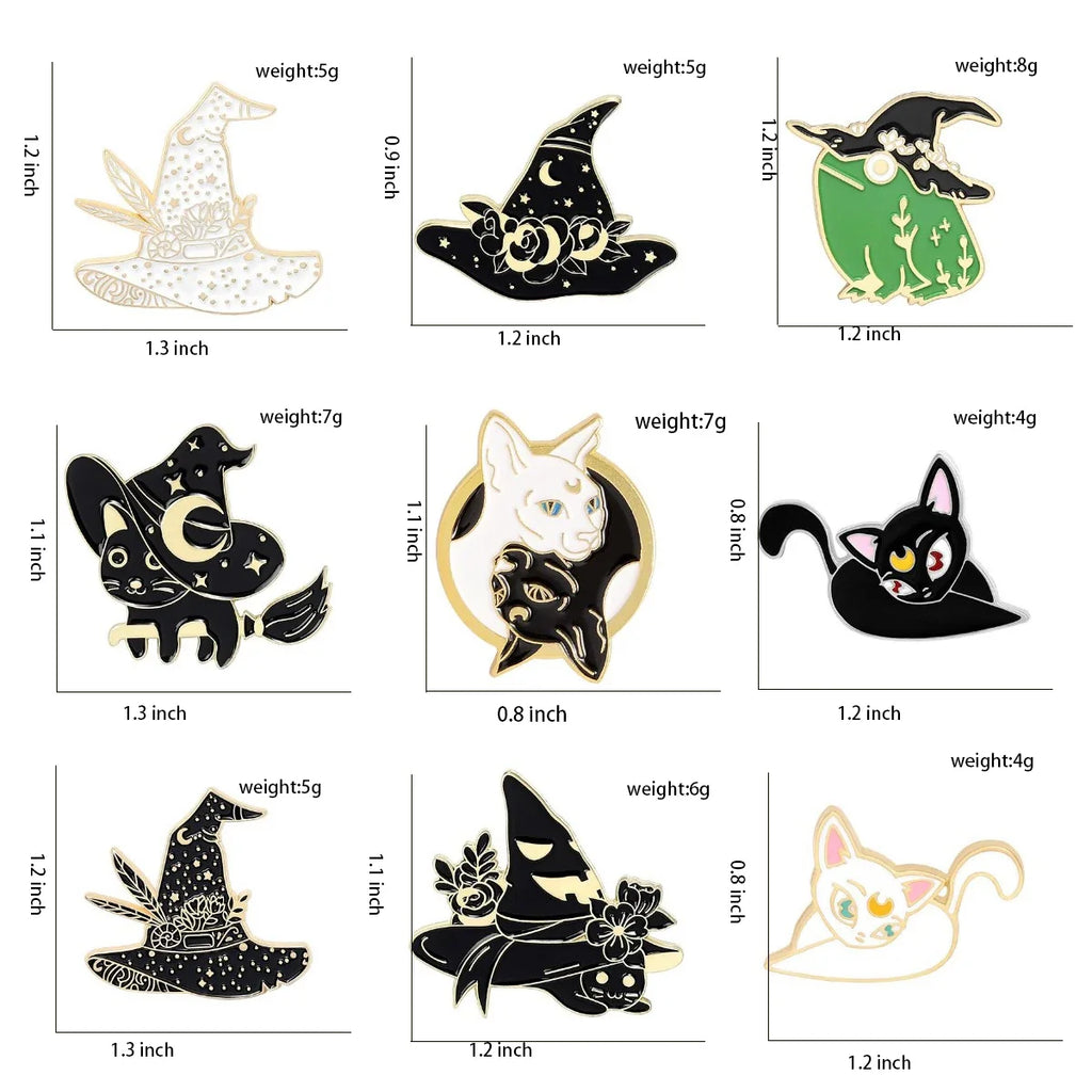 Witch Enamel Pins – Hat, Cat, Frog & Crescent Moon Lapel Pin Enamel Lapel Pin Qme