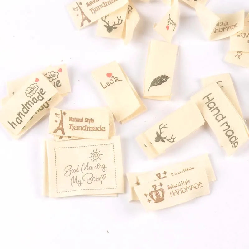 Handmade Printed Cotton Woven Clothing Labels – 50pcs Beige Woven Garment Labels Qme mix