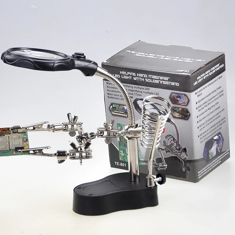 Soldering Iron Stand with Magnifying Glass & Helping Hand Clamp Soldering Station Stand Qme 801