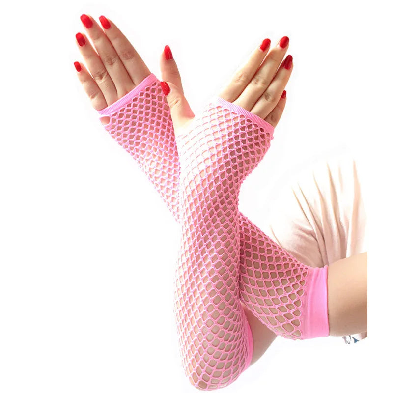 Women's Neon Fishnet Fingerless Long Gloves – Arm & Leg Cuff Fishnet Arm Warmers Qme Pink Length -26cm