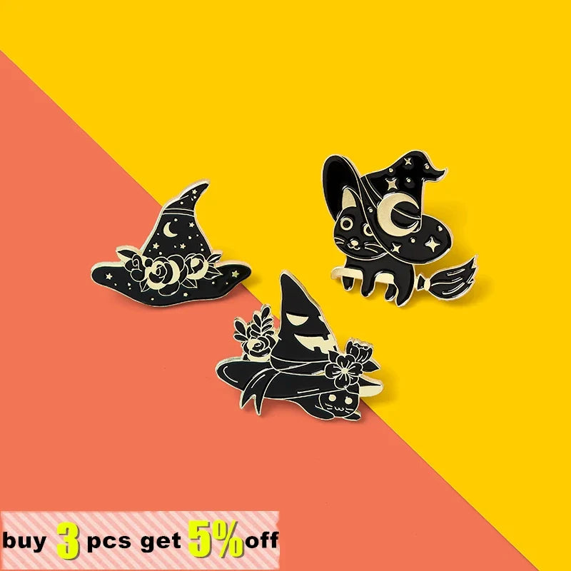 Witch Enamel Pins – Hat, Cat, Frog & Crescent Moon Lapel Pin Enamel Lapel Pin Qme