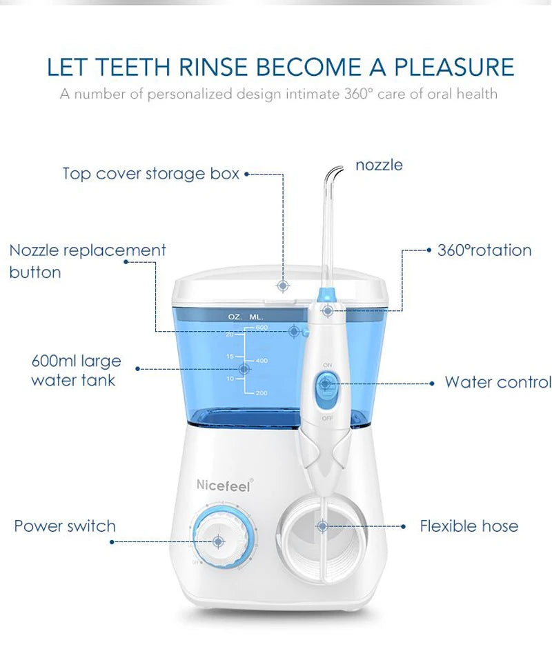Nicefeel IPX7 Oral Irrigator 600ml Water Flosser 8 Tips Oral Irrigator Qst