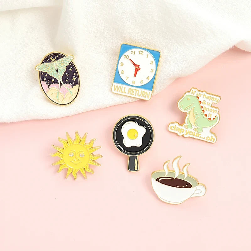 Cartoon Brooch Pin – Clock, Coffee, Sun & Dinosaur | Metal Alloy Brooch Lapel Pin Qme