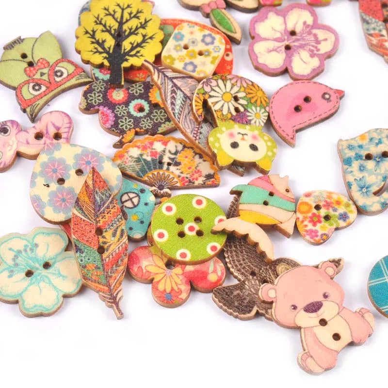 Vintage Cartoon Painted Wooden Buttons 2-Hole | 15 Colors, 15–35mm Wooden Sewing Buttons Qme