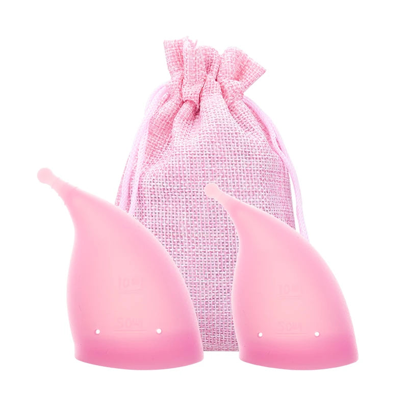 XceeFit Medical Grade Silicone Menstrual Cup – Reusable Menstrual Cup Qst 2Pcs-Burlapbag-Pink S Size