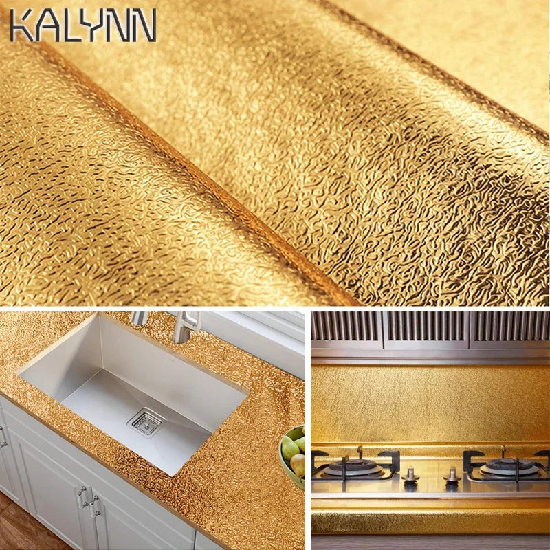 Gold Metallic Self-Adhesive Wallpaper | Waterproof Kitchen Foil Self-Adhesive Wallpaper Qme