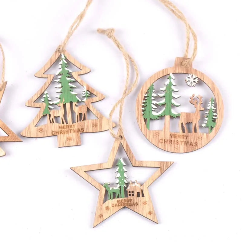 Christmas Wooden Ornaments Tree & Star Pattern Red Green 3pcs Christmas Ornaments Qme