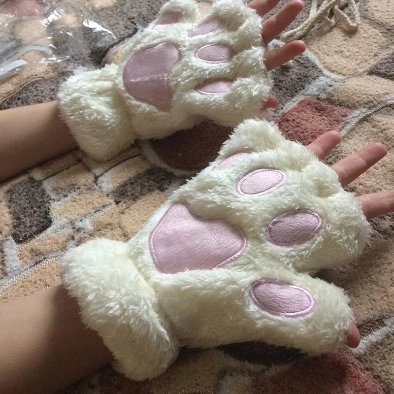 Women's Cat Paw Fingerless Gloves – Cute Plush Kitten Mittens Fingerless Mittens Qme