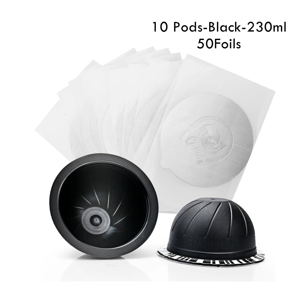 Refillable Nespresso Vertuo Capsules – Reusable Coffee Pods Reusable Coffee Capsules Qst 10Black230ml-50Foils