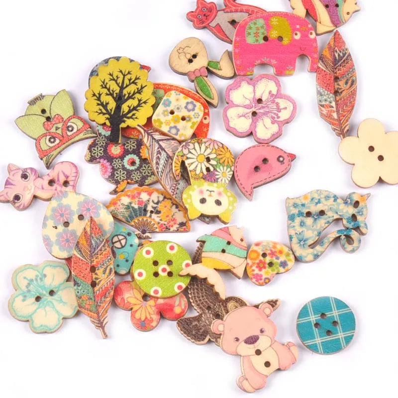 Vintage Cartoon Painted Wooden Buttons 2-Hole | 15 Colors, 15–35mm Wooden Sewing Buttons Qme