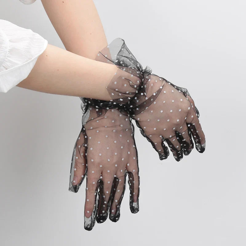 Women's Polka Dot Lace Gloves – Short Tulle Fashion Gloves Lace Fashion Gloves Qme A2 One Size