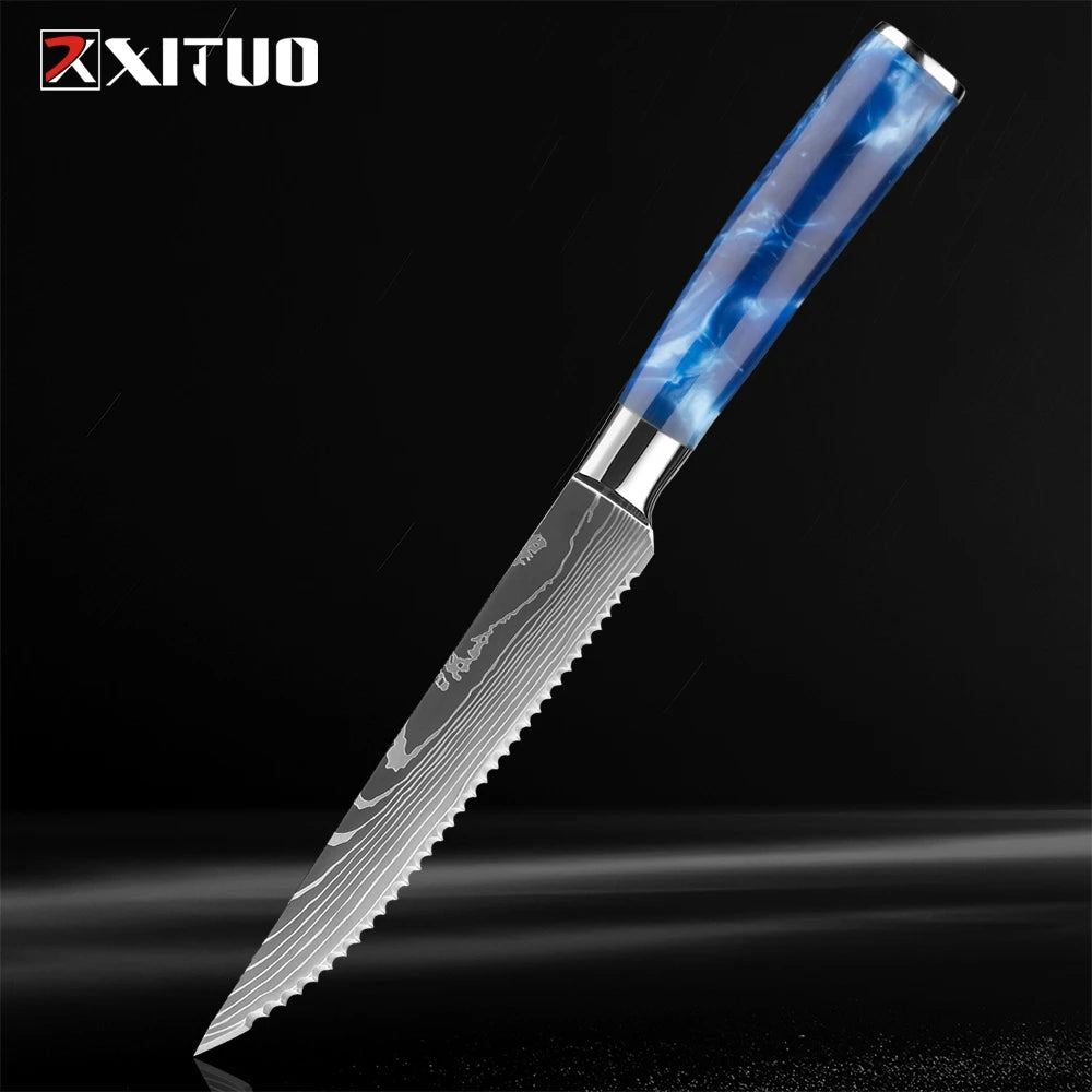 XITUO Damascus Steak Knife Set – Serrated Stainless Steel 6-Pc Steak Knife Set Qst JD-R13LSZ