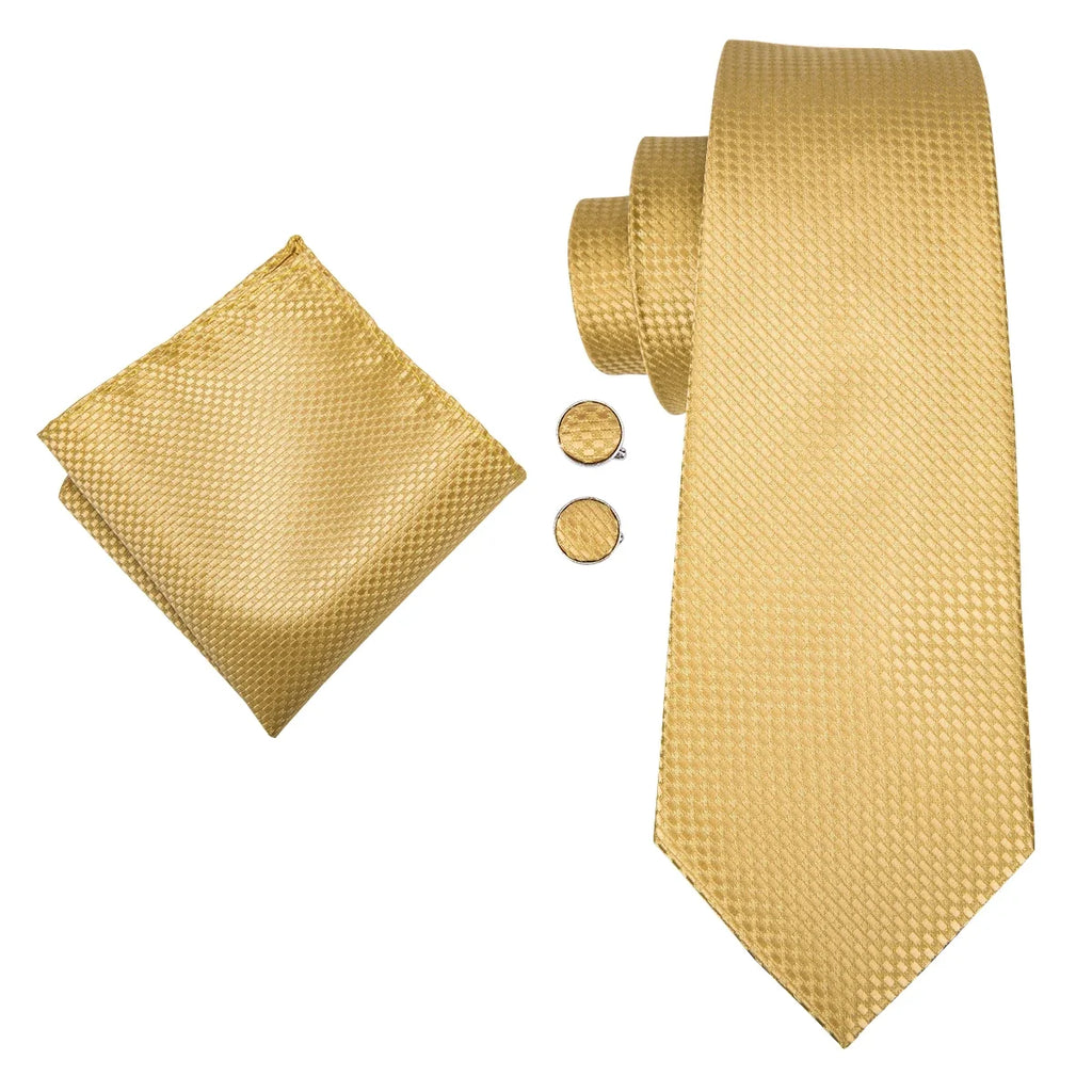 Hi-Tie Gold Yellow Necktie Pocket Square & Cufflinks Set Necktie & Cufflinks Set Qme