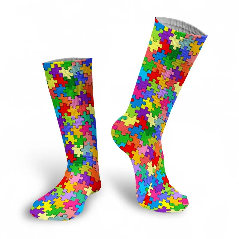 Women's Puzzle Print Socks – Colorful, Comfortable, One Size Novelty Print Socks Qme