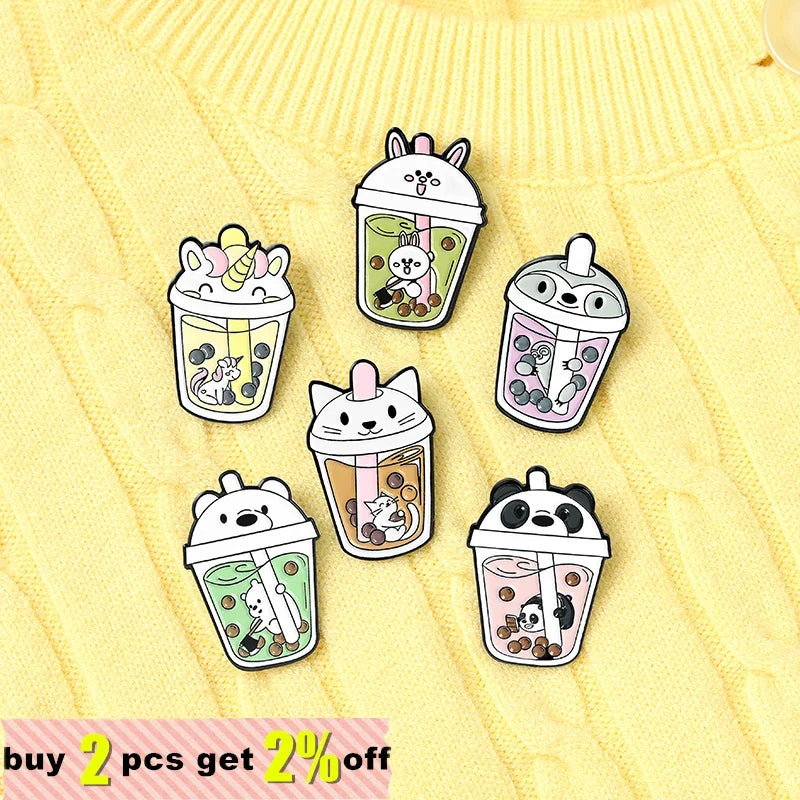 Boba Tea Enamel Lapel Pin | Cute Cat & Penguin Kawaii Brooch Enamel Lapel Pin Qme
