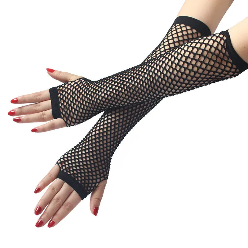 Women's Neon Fishnet Fingerless Long Gloves – Arm & Leg Cuff Fishnet Arm Warmers Qme black Length -26cm