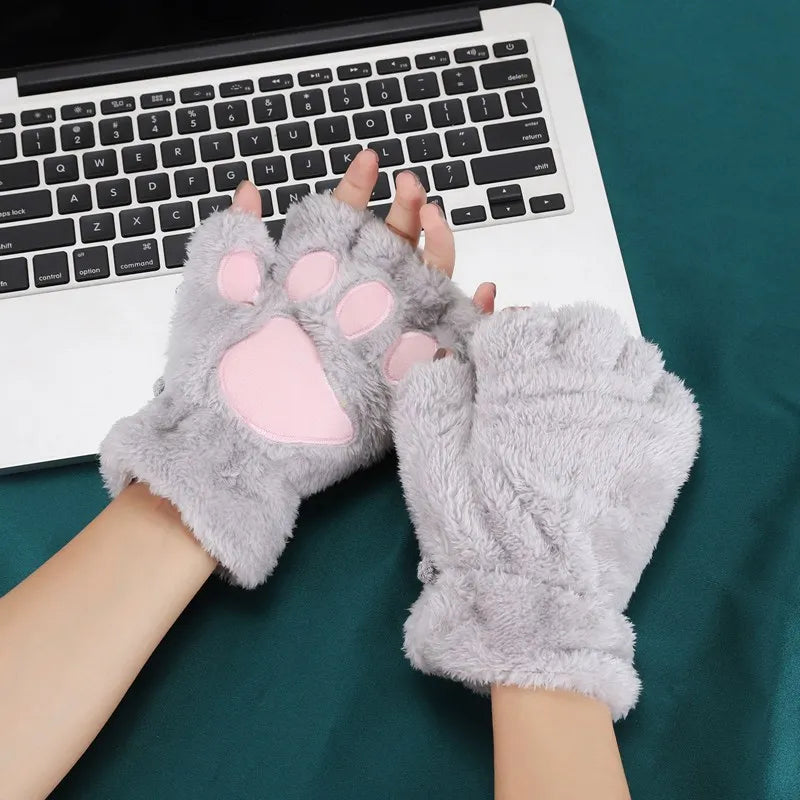 Women's Cat Paw Fingerless Gloves – Cute Plush Kitten Mittens Fingerless Mittens Qme GRAY One Size