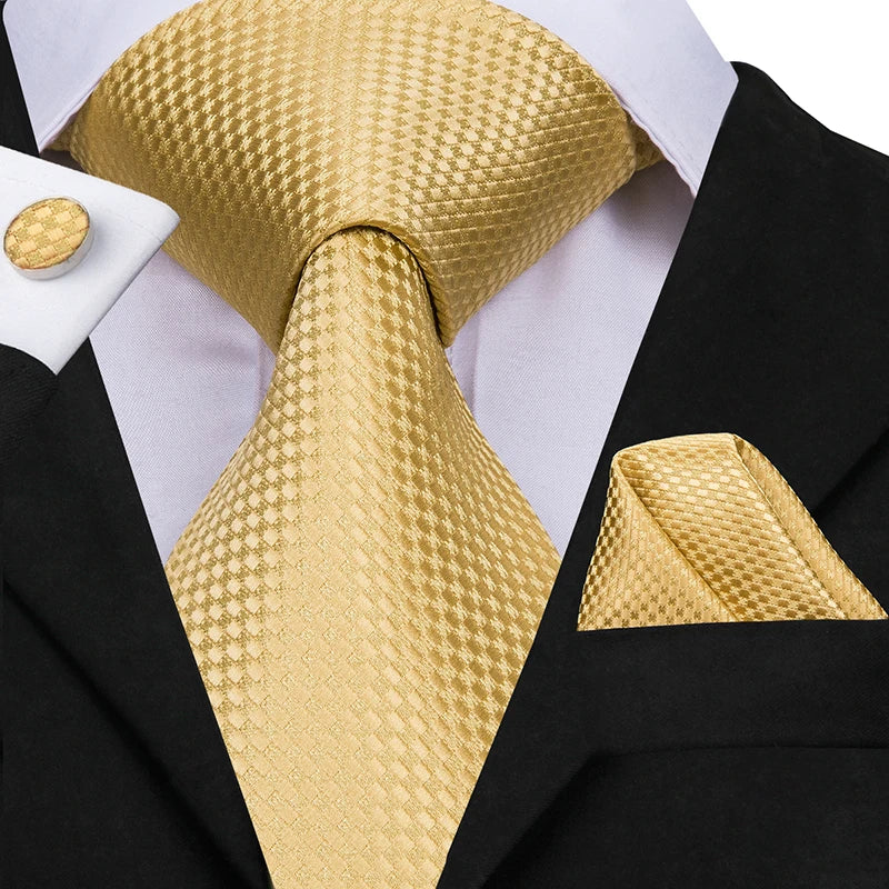 Hi-Tie Gold Yellow Necktie Pocket Square & Cufflinks Set Necktie & Cufflinks Set Qme