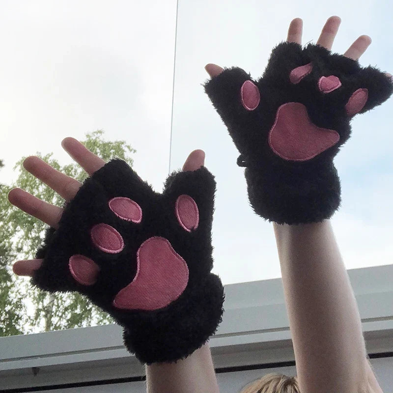 Women's Cat Paw Fingerless Gloves – Cute Plush Kitten Mittens Fingerless Mittens Qme