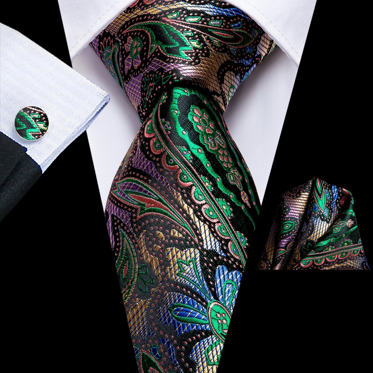 Jacquard Peacock Blue Wedding Tie, Hanky & Cufflinks Set Necktie Gift Set Qme 3019
