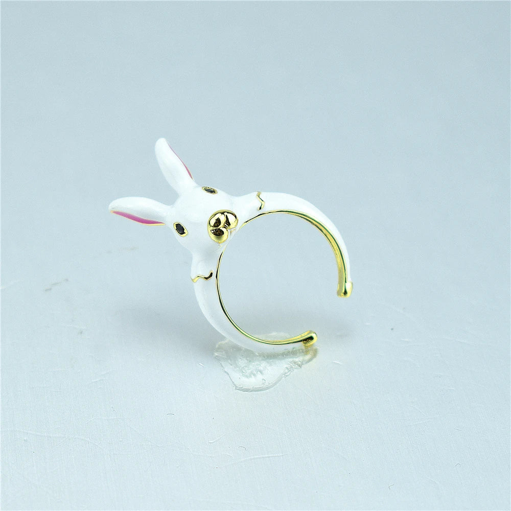 Cute Enamel Rabbit Heart Ring – Adjustable Kawaii Jewelry Enamel Fashion Ring Qme