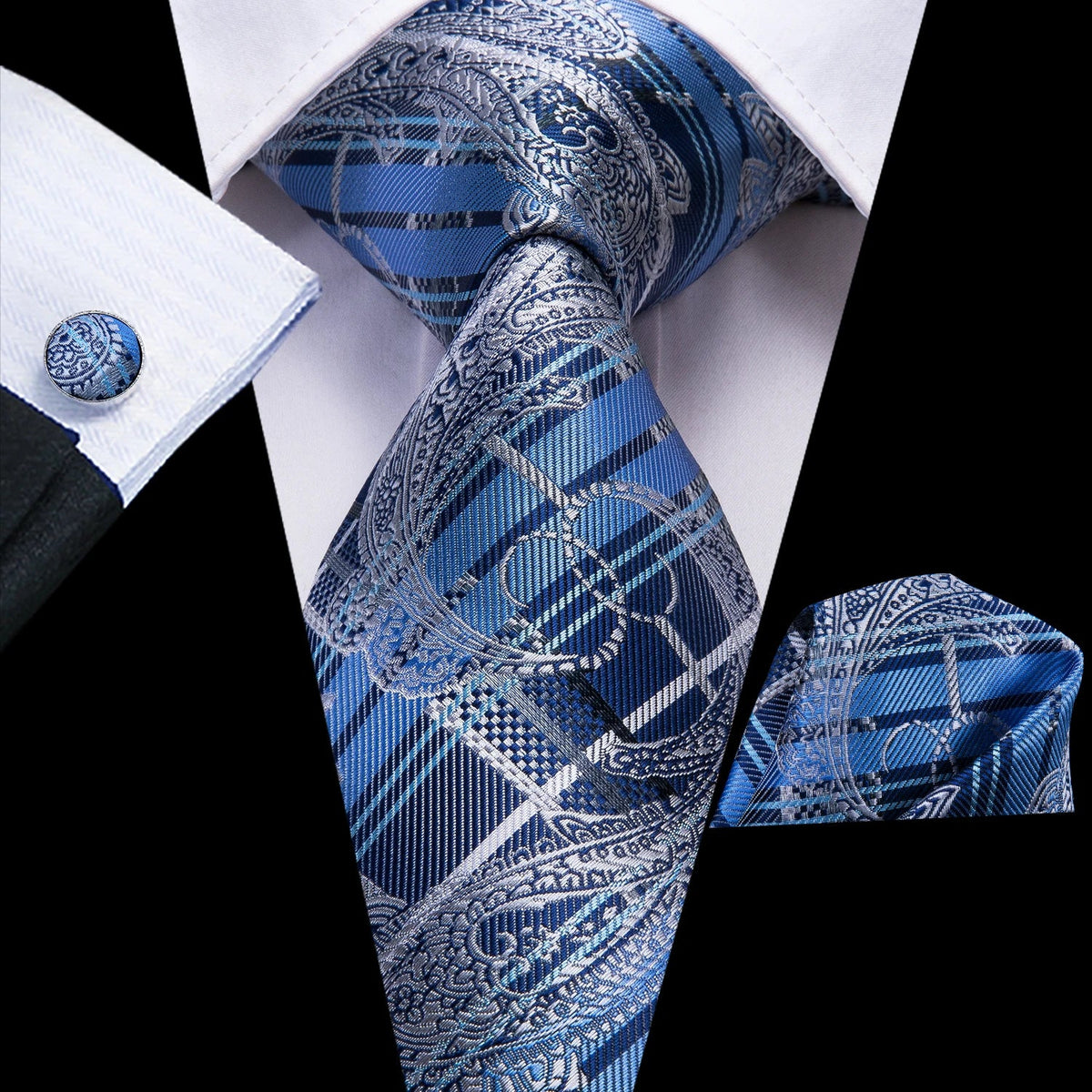 Jacquard Peacock Blue Wedding Tie, Hanky & Cufflinks Set Necktie Gift Set Qme 3261