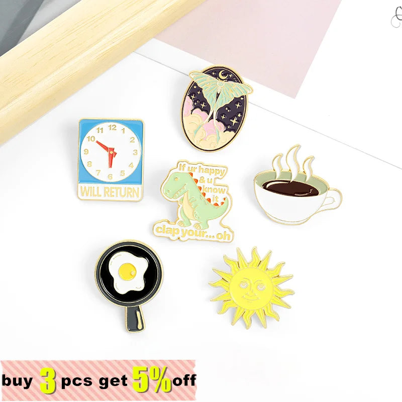 Cartoon Brooch Pin – Clock, Coffee, Sun & Dinosaur | Metal Alloy Brooch Lapel Pin Qme