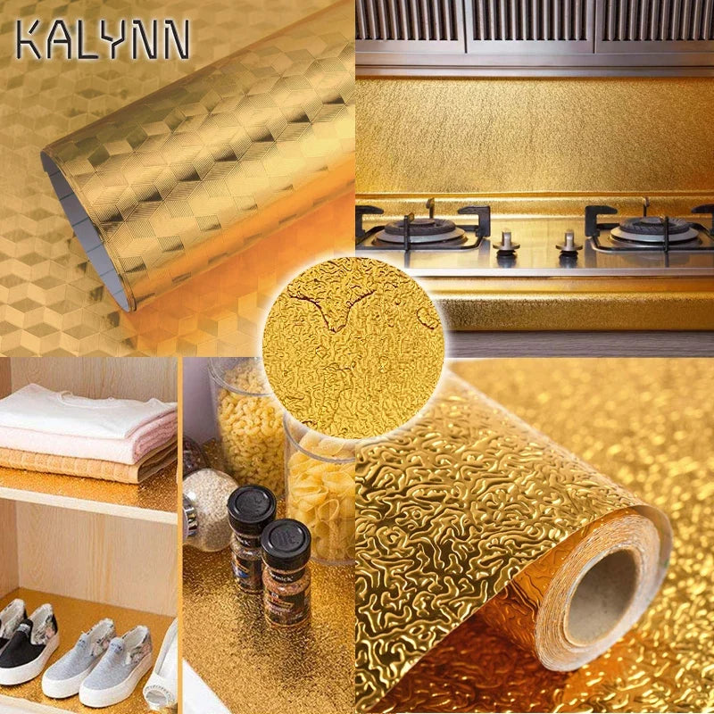 Gold Metallic Self-Adhesive Wallpaper | Waterproof Kitchen Foil Self-Adhesive Wallpaper Qme