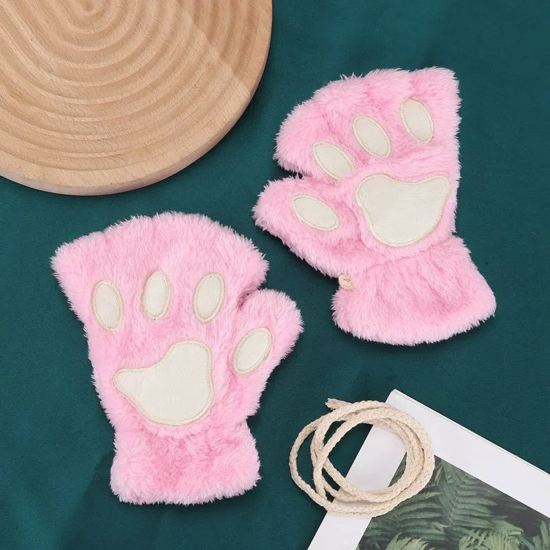 Women's Cat Paw Fingerless Gloves – Cute Plush Kitten Mittens Fingerless Mittens Qme pink One Size