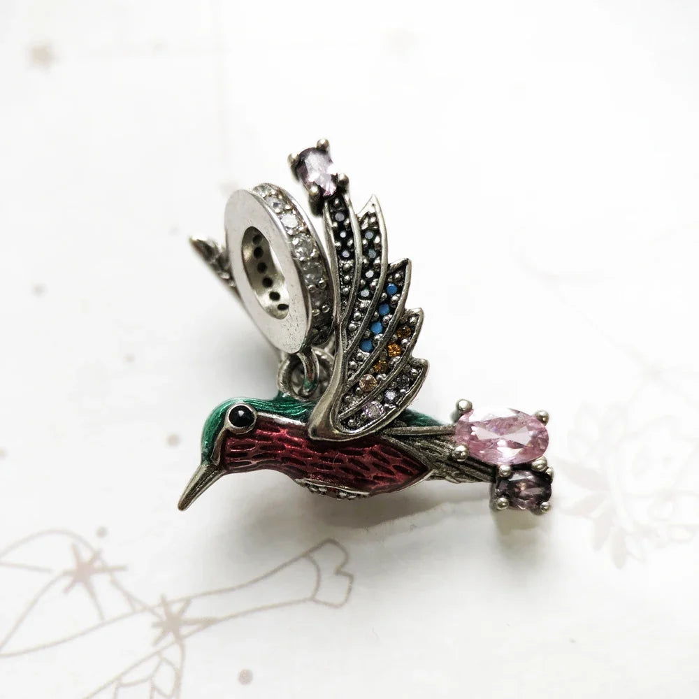 Colourful Hummingbird 925 Sterling Silver Dangle Charm Pendant Sterling Silver Pendant Qme