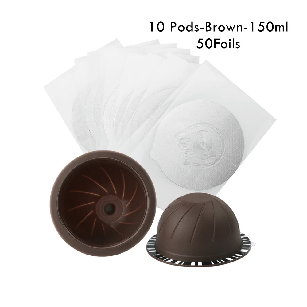 Refillable Nespresso Vertuo Capsules – Reusable Coffee Pods Reusable Coffee Capsules Qst 10Brown150ml-50Foils