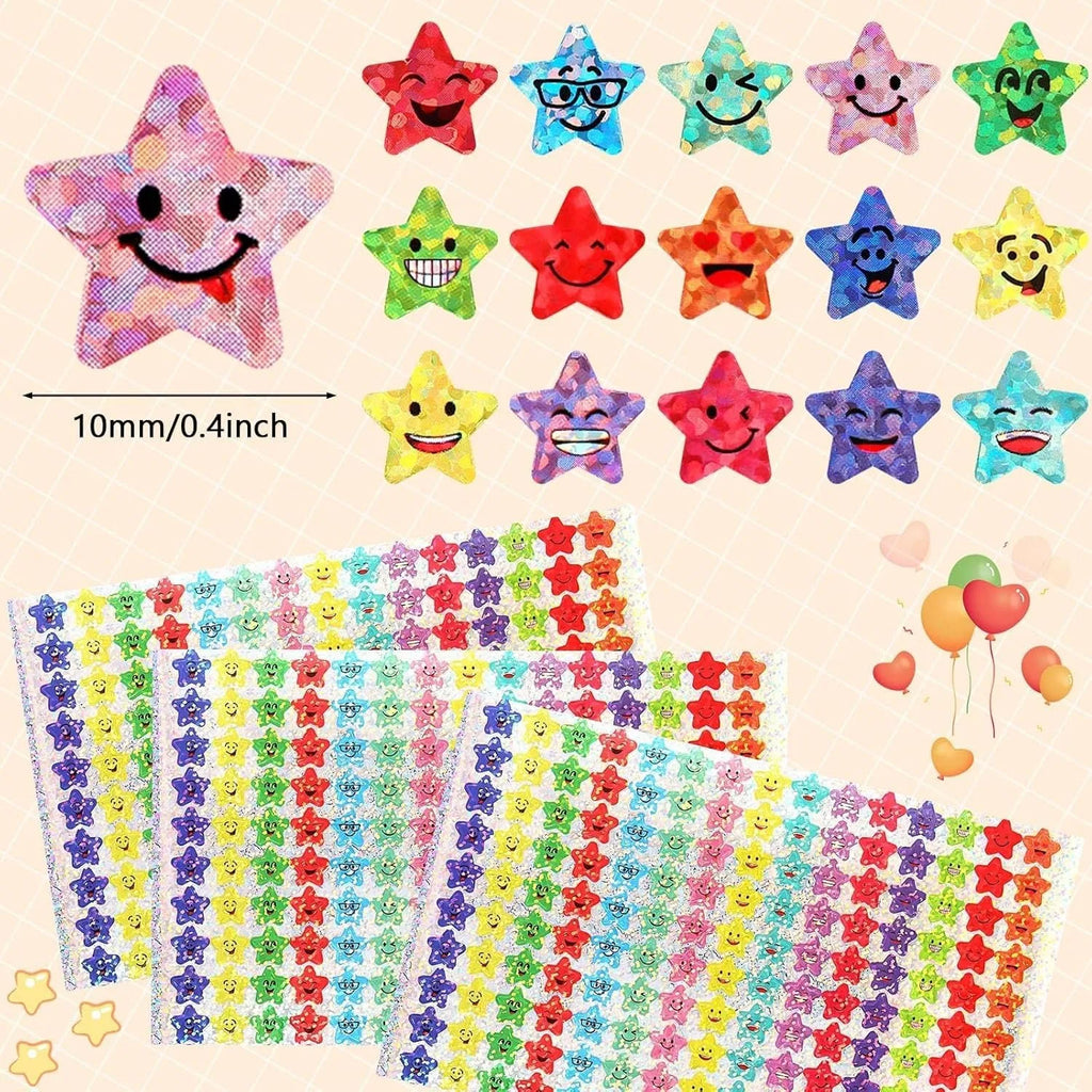 Glitter Foil Star & Happy Face Stickers – 1500 Pcs, 15 Designs Craft Stickers Qme Default Title