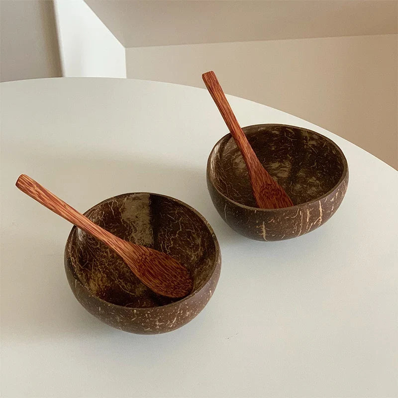 Natural Handmade Coconut Bowl with Fork – Eco Tableware Coconut Bowl Set Qme