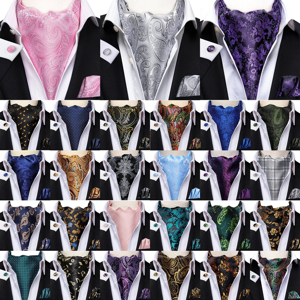 Hi-Tie Men's Ascot Cravat Pocket Square & Cufflinks Set Ascot Cravat Set Qme