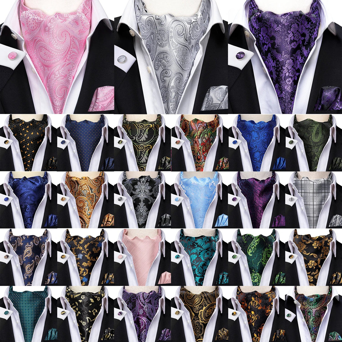 Hi-Tie Men's Ascot Cravat Pocket Square & Cufflinks Set Ascot Cravat Set Qme