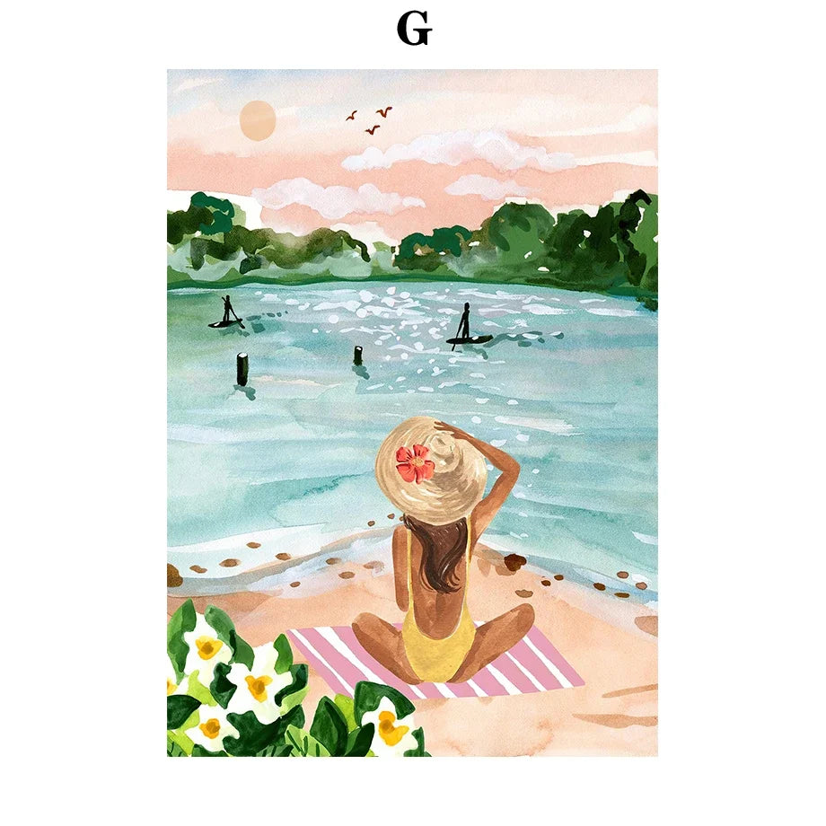 Nordic Tropical Beach Canvas Wall Art – Summer Surfing Poster Canvas Wall Art Qst 7 40x50cm Unframed