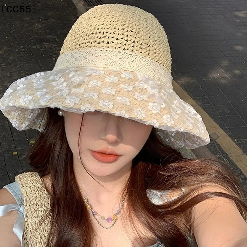 Women's Straw Beach Hat – Lace Trim Sun Protection Bucket Hat Women's Straw Hat Qst
