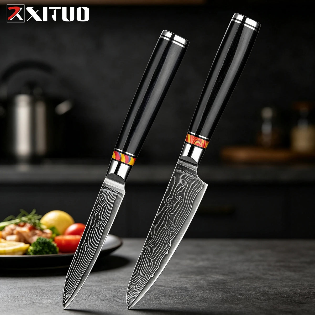 XITUO Damascus Steel Kitchen Knife Set – Santoku & Nakiri Kitchen Knife Set Qst 2PCS Knife D