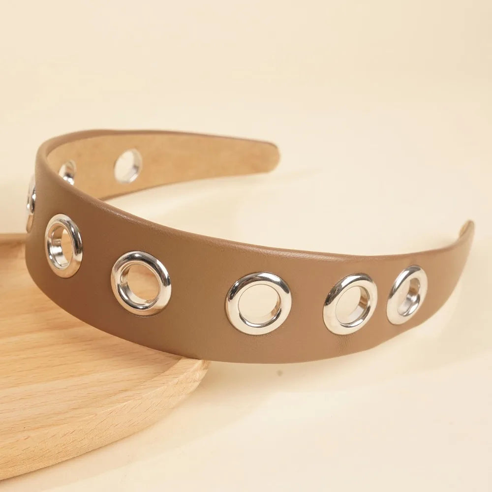 Y2K Hollow Metal Headband Ring – Stretchy Eyelet Wide Band Hair Headband Qme Khaki