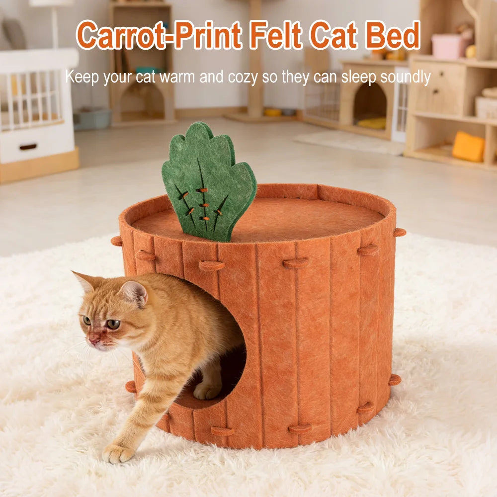 Carrot Theme Felt Cat Cave Bed – Semi-Enclosed Pet House Cat Cave Bed Qst