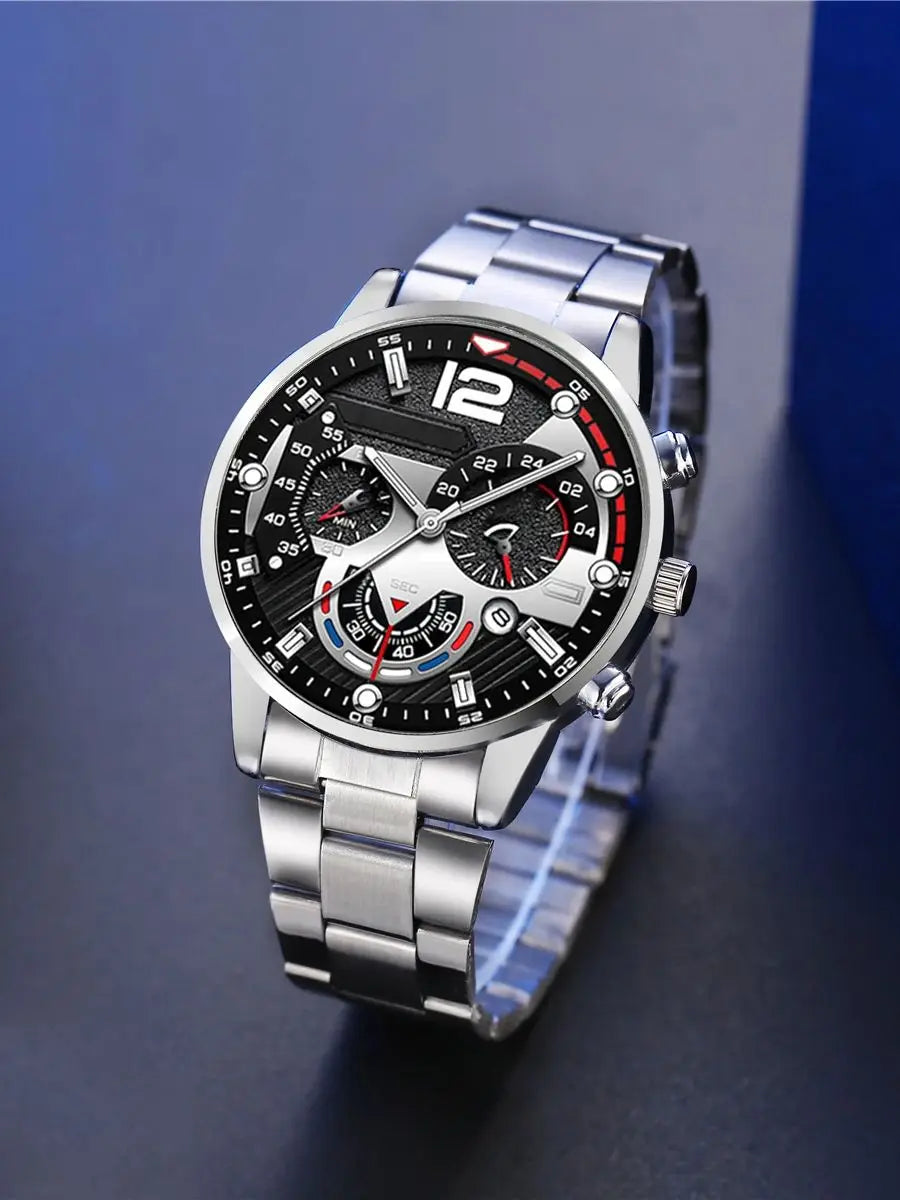Men's Quartz Watch & Lion Head Bracelet Set | Metal Strap Watch & Bracelet Set Qme