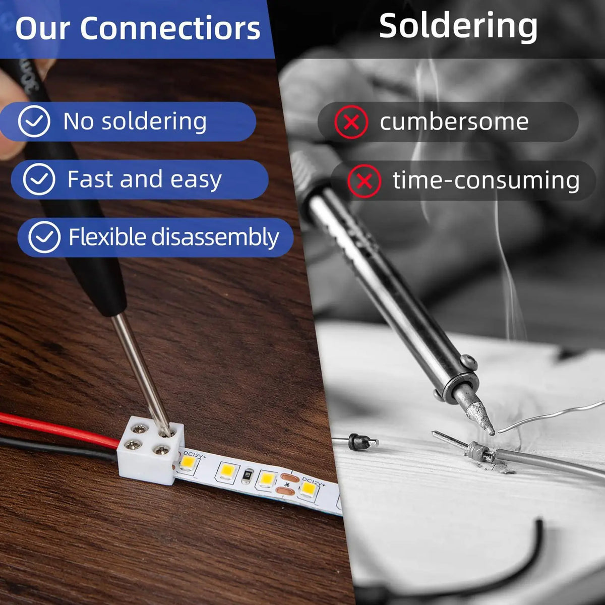2-Pin Solderless LED Strip Connectors | 5V 12V 24V Multi-Wire LED Strip Connector Qme