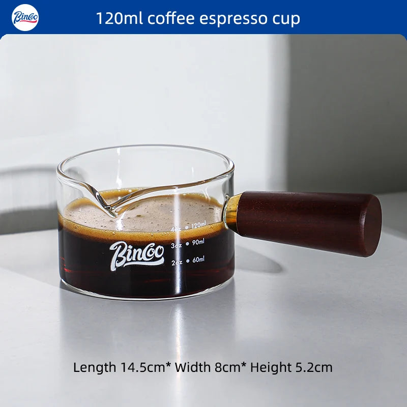Bincoo Glass Espresso Measuring Cup with Wood Handle Espresso Measuring Cup Qst 120ML