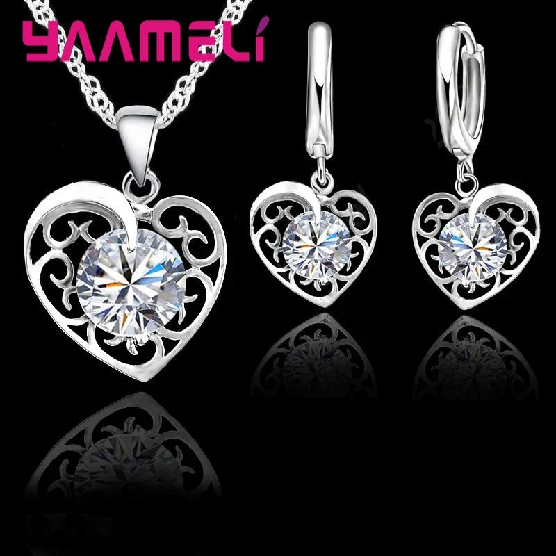 925 Sterling Silver Heart Pendant Necklace & Earrings Set Silver Jewelry Set Qme