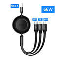 Baseus 3-in-1 Retractable Cable 100W USB-C Lightning Micro USB Retractable Charging Cable Qst 66W Black 1.1m