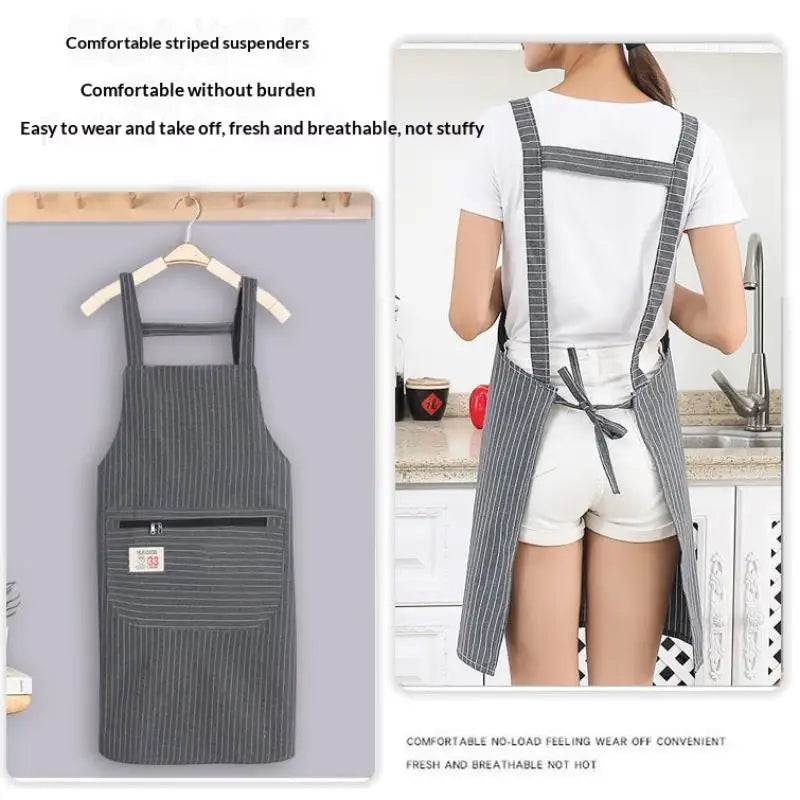 Striped Linen-Cotton Apron – Zippered, Oil-Resistant & Breathable Kitchen Apron Qst