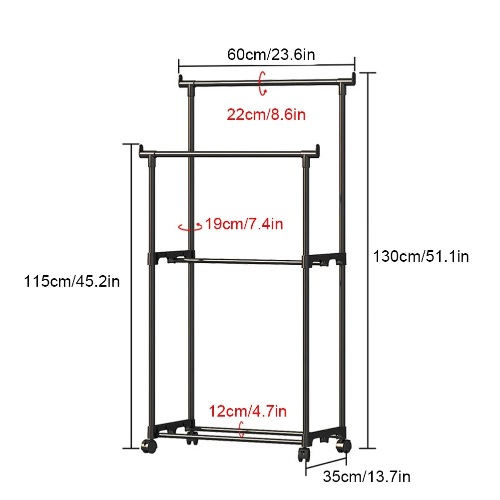 Double Rod Garment Rack with Wheels – Portable Clothes Organizer Rolling Garment Rack Qme