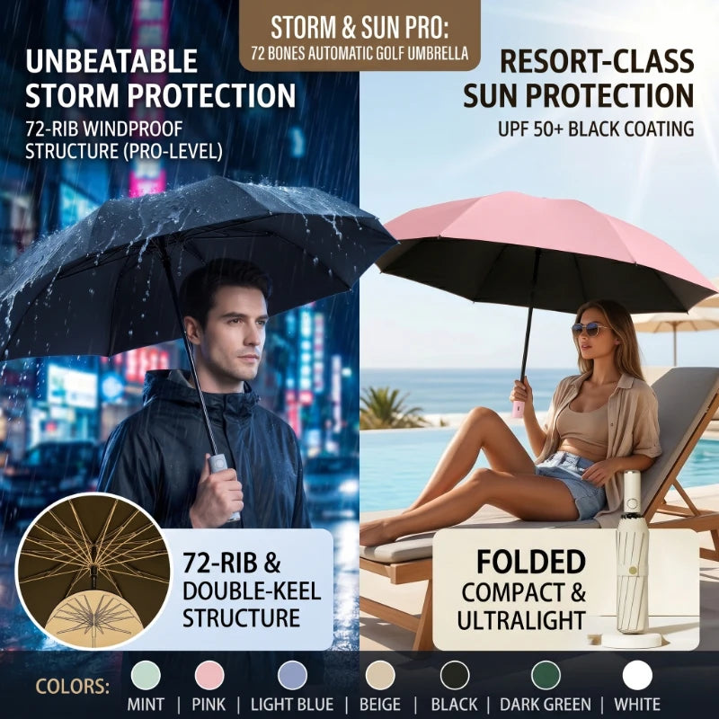 72-Bone Windproof Auto Folding Umbrella – UV & Rain Shield Folding Umbrella Qst