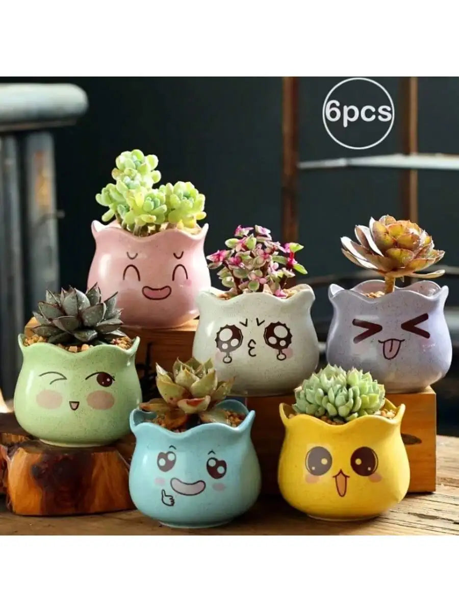 Cartoon Cute Ceramic Succulent Pots with Drainage – Set of 6 Ceramic Succulent Pots Qme
